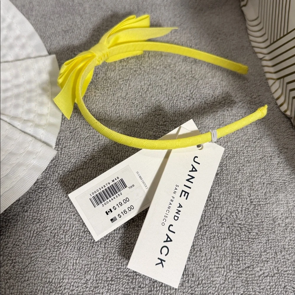 Janie and Jack hat NWT‎ white bucket hat pleated with bow 0-3m + Yellow Headband